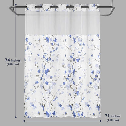 Lagute SnapHook Hook Free Shower Curtain with Snap-in Liner & See Through Top Window | Hotel Grade, Machine Washable | 71Wx74L, Blue Blossom