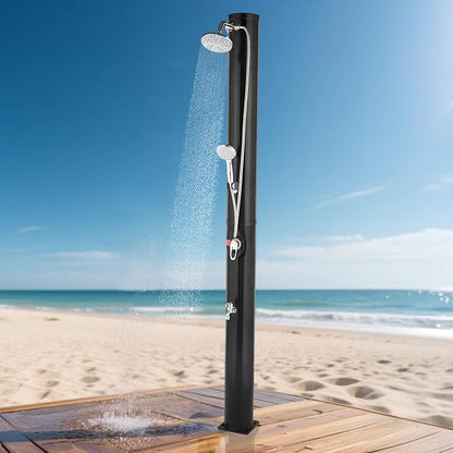 VINGLI Solar Heated Shower,2-Section with Shower Head and Foot Shower Tap，for Outdoor Backyard Poolside Beach Pool Spa,Black (10 Gallon-Black)