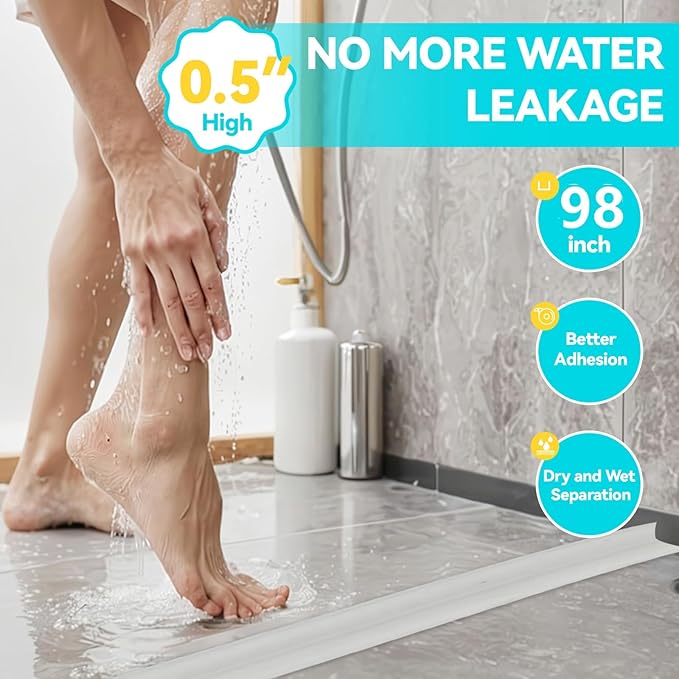 Shower Threshold Water Dam Barrier 98", Silicone Sealant Included, Collapsible Self-Adhesive Water Blocker, Shower Door Water Stopper for Floor Bathroom Kitchen Bathtub Sink