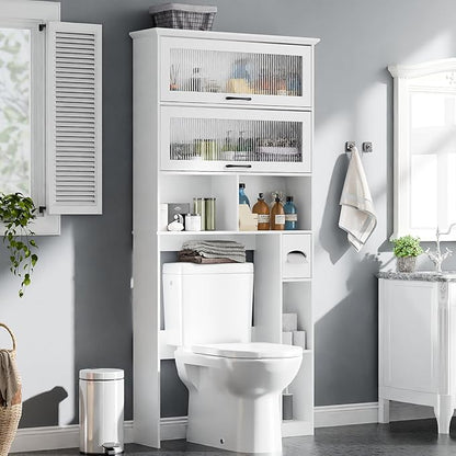 Over The Toilet Storage Cabinet with Transparent Door, Toilet Paper Storage Cabinet with Multi Layer Shelves Suitable for Bathroom, Laundry Room, Freestanding Bathroom Storage Rack,White