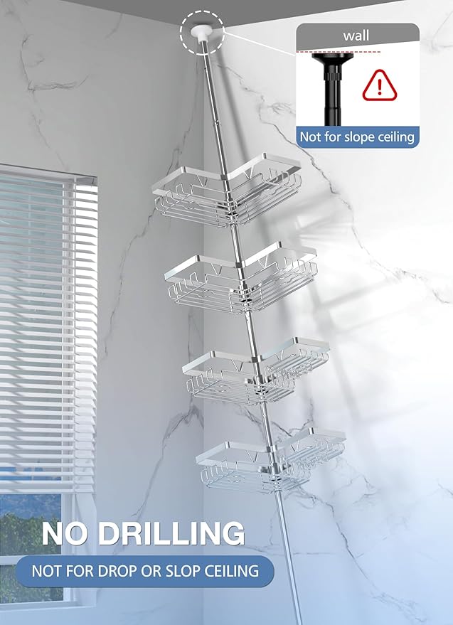 4-Tier Shower Caddy/Shower Organizer - Corner Standing Tension Pole Adjustable 25-114.2 inches Built in 2 Soap Holder Rustproof Silver Finish