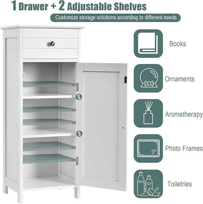 DORTALA Bathroom Floor Cabinet, Free-Standing Wooden Floor Storage Cabinet w/Large Drawer & 2 Adjustable Shelves, Morden Side Storage Bathroom Organizer for Living Room, White