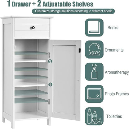 DORTALA Bathroom Floor Cabinet, Free-Standing Wooden Floor Storage Cabinet w/Large Drawer & 2 Adjustable Shelves, Morden Side Storage Bathroom Organizer for Living Room, White