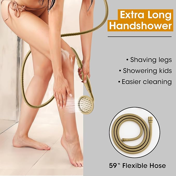 Freestanding Bathtub Faucet, Floor Mount Tub Faucet Brushed Gold High Flow Tub Filler, Roman Tub Faucet with Antique Handheld, Swivel Gooseneck Spout Shower Mixer Taps (B2311-BG)