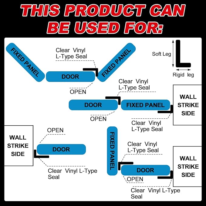 2 Pcs Long Clear Vinyl L-Type Seal Strip with Pre-Applied Self Adhesive Shower Threshold Water Dam Barrier Bathroom Glass Door Seal Strip for Gap Frameless Shower Door