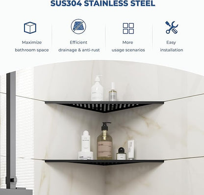 FerdY 2-Pack 10" Matte Black Recessed Corner Shower Shelf, for Tiled Bathroom Walls, 304 Stainless Steel Floating Shelf, Shower Caddy Storage Shelves, No Drilling Required, Point Triangle