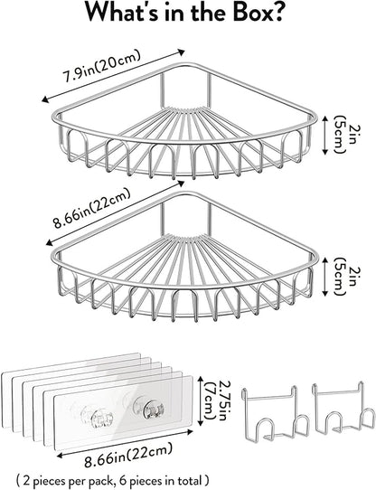 Orimade Corner Shower Caddy Stainless Steel with Hooks Wall Mounted Bathroom Shelf Storage Organizer Adhesive No Drilling 2 Pack, Silver Only for 90-Degree Corner