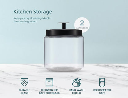 KooK Glass Kitchen Canister Set, Food & Storage Containers for Pantry, Bathroom Apothecary Jars, Tinplate tight Lids, Counter Organizers, 50 oz, Black, Set of 2