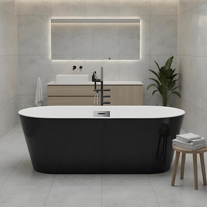 Freestanding Bathtubs 67 inch Black and White Acrylic Free Standing Bath Tub, Luxury Soaking Tub with Integrated Overflow, Ideal for Home Spa or Renovation