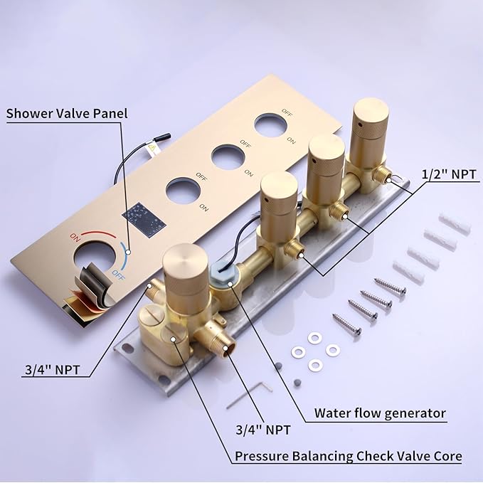 Shower System Brushed Gold Shower Faucet Set with 14X20 inch Ceiling Mount Shower Head, 6 PCS Body Jet and Handheld Spray, 3 Way Digital Temperature Display Shower