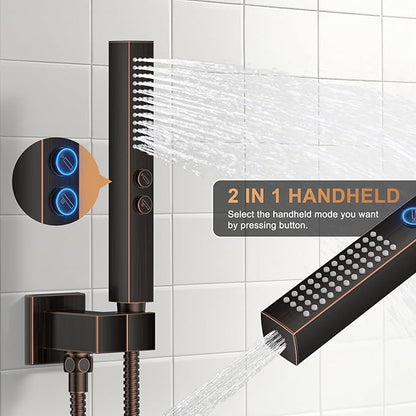 Shower Faucet Set, Ceiling Mount Shower System 12"+6" Dual Shower Head Set with 2 in 1 Handheld Spray Rain Shower Heads with Rough-in Valve and Shower Trim Kit, Oil Rubbed Bronze