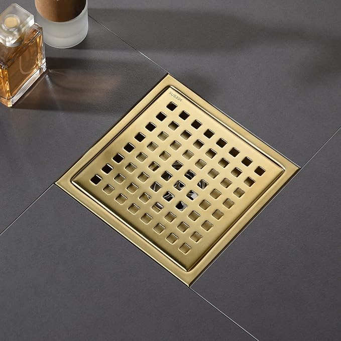 6 Inch Shower Drain Brushed Nickel Square with Adjustable Shower Drain Base Flange SUS304 Stainless Steel Floor Drain Cover Removable Mesh Grille