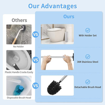 Stainless Steel Toilet Brush and Holder Set Brushed Silver Heavy Duty Toilet Bowl Brush with Long Handle for Bathroom and Farmhouse