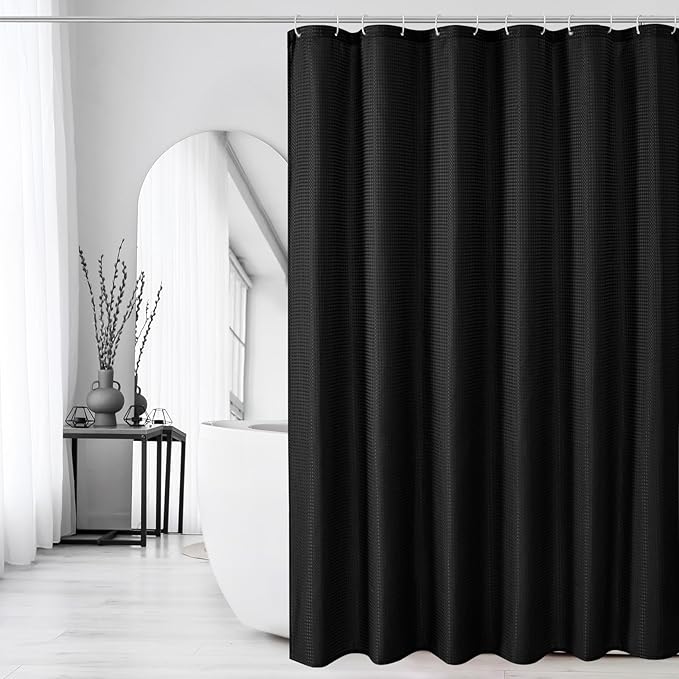 Gibelle Black Shower Curtain, Waffle Weave Textured Fabric Shower Curtain for Bathroom - Soft Cloth & Hotel Spa Luxury, Water Repellent, Machine Washable, 72X72, Black