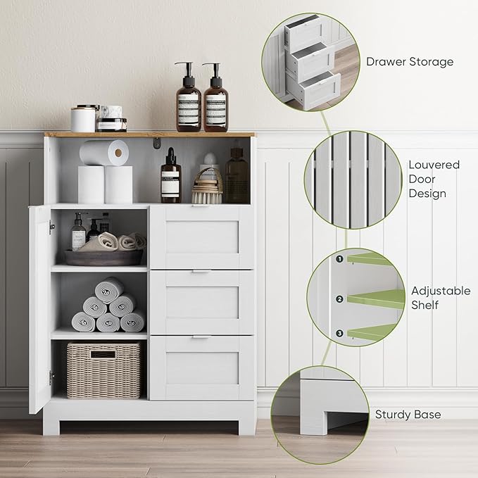 Bathroom Storage Cabinet with 3 Drawers, Floor Cabinet with Louvered Door, Freestanding Storage Unit for Bathroom, Kitchen, Living Room, White