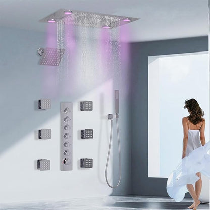 24x32 LED Dual Head Shower System 24"x32" Ceiling Mount Shower Head Thermostatic Shower System Rainfall Shower Set with 6 Inches Shower Head and 6 Body Jets High Pressure Shower Handheld