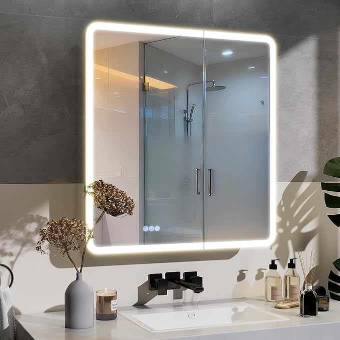 BEAUTYPEAK 30 x 32 LED Bathroom Medicine Cabinet Mirror, Adjustable Shelves, Silver Aluminum Cabinet, Anti-Fog Stepless Dimmable 3 Colors White/Natural/Warm, Easy to Install(Wall Mount/Recessed)