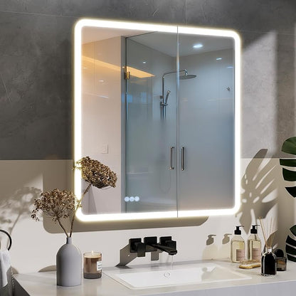 BEAUTYPEAK 30 x 32 LED Bathroom Medicine Cabinet Mirror, Adjustable Shelves, Silver Aluminum Cabinet, Anti-Fog Stepless Dimmable 3 Colors White/Natural/Warm, Easy to Install(Wall Mount/Recessed)