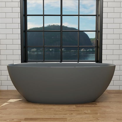 GIVINGTREE 65'' Freestanding Solid Surface Resin Stone Bathtub, Contemporary Design Stand Alone Tub with Pop-up Drain and Overflow, cUPC Certified, Matte Grey(Oval)