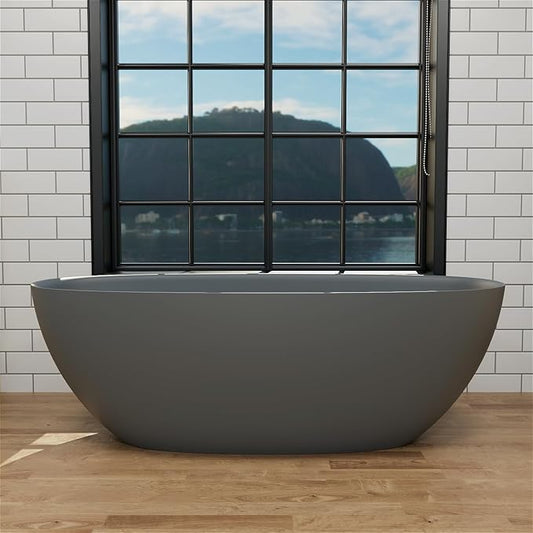 GIVINGTREE 65'' Freestanding Solid Surface Resin Stone Bathtub, Contemporary Design Stand Alone Tub with Pop-up Drain and Overflow, cUPC Certified, Matte Grey(Oval)