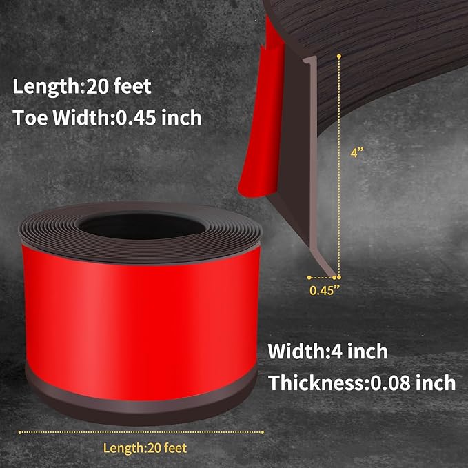 Flexible Baseboard Molding Trim 4 Inch Self-Adhesive Vinyl Wall Base Peel and Stick Cove Base Rubber Wall Baseboard Moulding Trim (20Ft, Dark Walnut Wood Grain)
