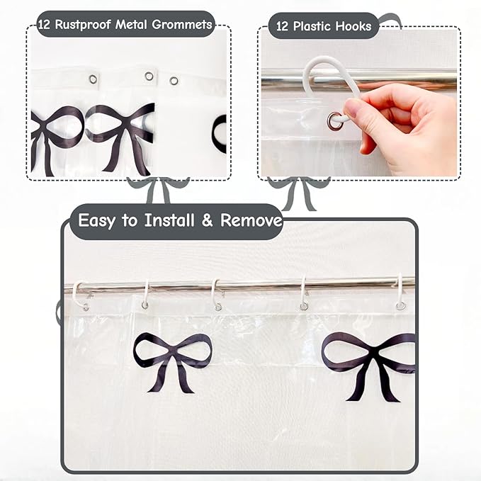 Clear Cute Black Bow Shower Curtain Liner, Plastic Transparent Girly Fancy Shower Curtain, Aesthetic Preppy Shower Curtain Bow Bathroom Decor for Women, 72x72 Shower Curtain Set with Magnets 12 Hooks