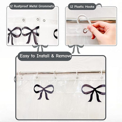 Clear Cute Black Bow Shower Curtain Liner, Plastic Transparent Girly Fancy Shower Curtain, Aesthetic Preppy Shower Curtain Bow Bathroom Decor for Women, 72x78 Shower Curtain Set with Magnets 12 Hooks