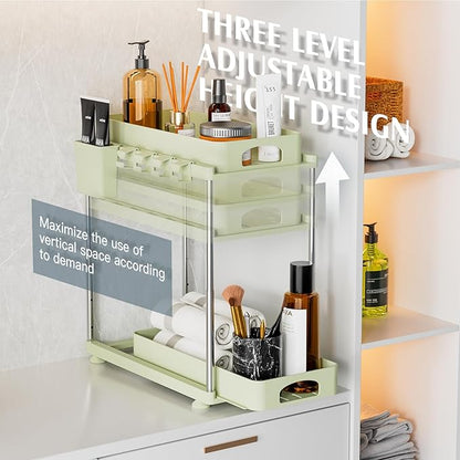 VERIFOST Under Sink Organizer, 2 Pack Under Kitchen Bathroom Cabinet Organizer, 2 Tier Under Bathroom Kitchen Sink Organizer, Adjustable Height Bathroom Kitchen Cabinet Organizers and Storage, Green