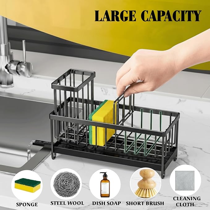 5 in 1 Kitchen Sink Caddy Organizer, Rustproof Stainless Steel Sink Caddy with Washing Cloth & Adhesive Hooks, Kitchen Sink Organizer with High Brush Holder, Sponge and Soap Holder for Kitchen Sink
