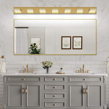 SineRise LED Modern Bathroom Vanity Light Fixtures (7-Light, 55-Inch, Dimmable), Brass Modern Acrylic Bathroom Wall Lighting Fixtures Over Mirror (Cool White 6000K)
