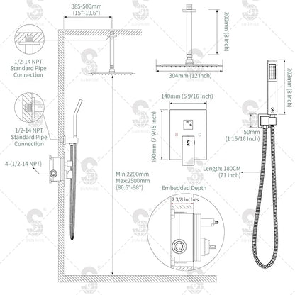 SR SUN RISE 12 Inch Ceiling Mounted Shower System Rain Mixer Combo Set Rainfall Shower Head System Faucet Trim Repair Kits Polished Chrome Rough-in Valve Body and Trim Included