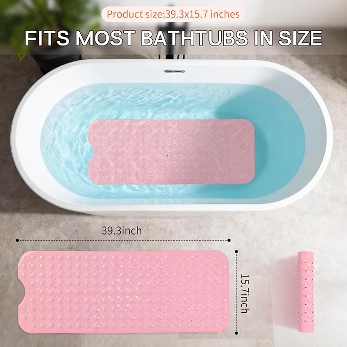 Anti-Slip Bathtub Shower mat, 39.3×15.7 inch（Approximately 100 × 40cm） Soft Oversized Machine Washable Non-Slip Bathtub mat with Drainage Holes, Bathroom Floor Suction Cup.（1-Opaque Pink）