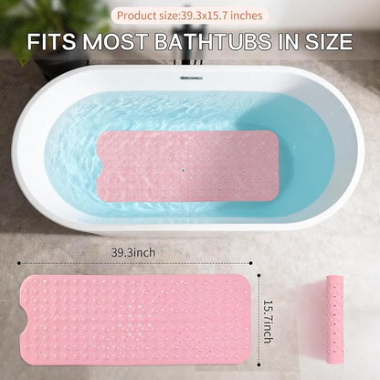 Anti-Slip Bathtub Shower mat, 39.3×15.7 inch（Approximately 100 × 40cm） Soft Oversized Machine Washable Non-Slip Bathtub mat with Drainage Holes, Bathroom Floor Suction Cup.（1-Opaque Pink）