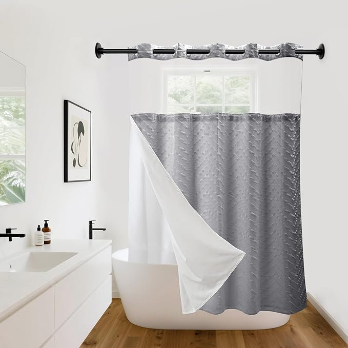 Hookless Shower Curtain with Snap in Liner 71" x 86" Double-Layer Waterproof Polyester Shower Curtain for Bathroom or Hotel Use,Removable Liner,Magnetic Hem,Large Rings,Machine Washable,Grey