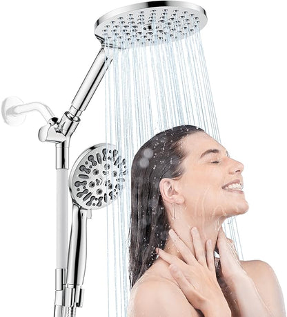 HOWUWEY Modern Dual Shower Head with Handheld Spray, 7.5" Rainfall Shower Head, 9 Modes Hand Showerhead, 78" Hose, Chrome