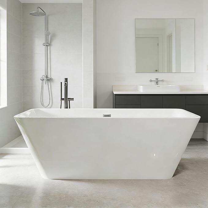 66'' Acrylic Freestanding Bathtub, Deep Soaking Tub with Non-Slip Base, cUPC Certified Free Standing Tub, Chrome Drain Bath Tub, Modern Tub for Bathrooms, White