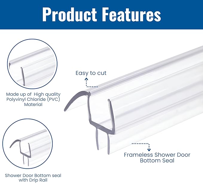Frameless Shower Door Bottom Seal Strip for 3/8 in Glass- 95 in Length, Clear