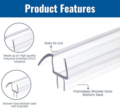 KC Hardware Frameless Shower Door Bottom Seal Strip with Drip Rail - Shower Door Seal Sweep for 3/8 Inch Thick Glass - Acts as a Leak Guard to Prevent Water Leaks - 39 Inch - Ultra Clear - Pack of 1