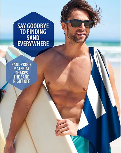 VENTURE 4TH Microfiber Beach Towel: Quick-Dry, Compact, Sand-Free, Absorbent, Sandproof and Lightweight - Perfect for Camping, Beach, and Roadtrips (Dark Blue Stripes Design | 35x78 inches)