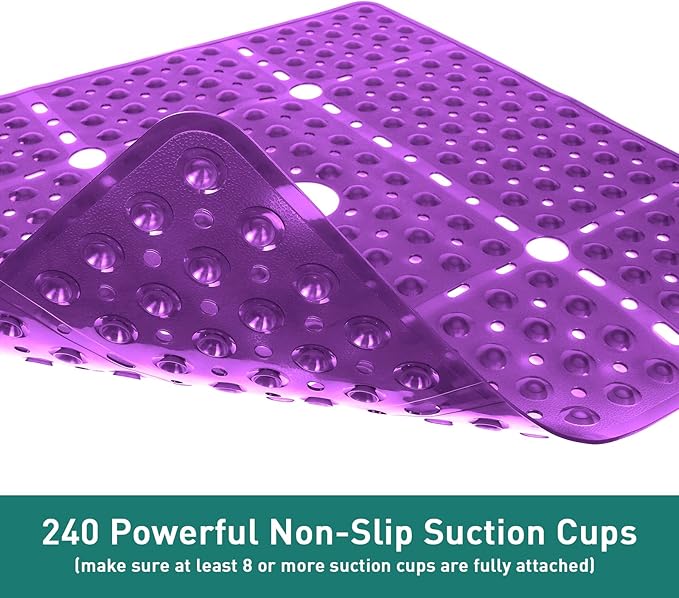 Large Clear Purple Square Shower Mat Non Slip 27 x 27 Inch, Soft Bath Mat Tub Mat for Inside Shower Floor, Bathroom Shower Stall Mats With Big Suction Cup Drain Hole, Easy Washable, BPA-Free