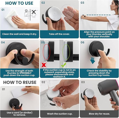 TAILI Stylish 304 Stainless Steel Bathroom Suction Hooks for Towel, Bathrobe, Loofah, No Damage Hanging Glass Shower Wall Hook, Patented Strong Suction Cup Holder, Hold Up to 11 Lbs, U-Cylinder Black