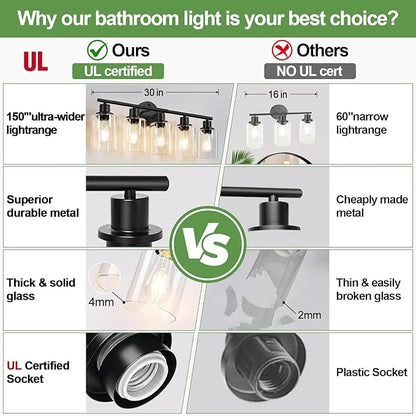 5-Light Bathroom Light Fixtures, Black Modern Vanity Lights with Clear Glass Shade, Bathroom Wall Lamp for Mirror Kitchen Living Room Hallway Cabinet Porch