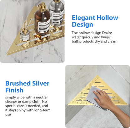 POPFLY 10 Inch Gold Corner Shower Shelf 2 Pack, 304 Stainless Steel Bathroom Shelves for Tiled Wall, No Drilling Recessed Organizer, Luxurious Floating Shower Shelf with Anti-Slip Design, PF7501G