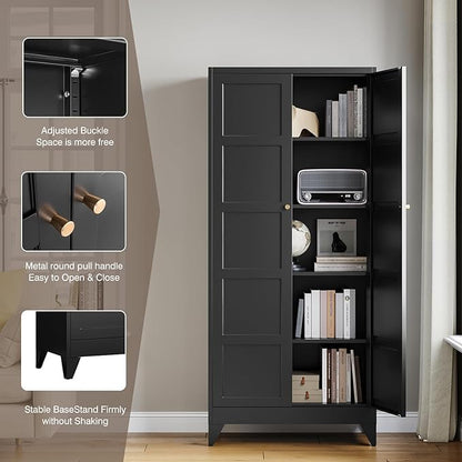 Yizosh Metal Storage Cabinet with 2 Doors and 4 Adjustable Shelves - 71" Black Kitchen Pantry Storage Cabinet,4-Tier Tall Steel Cabinet Locker for Living Room,Dining Room,Kitchen