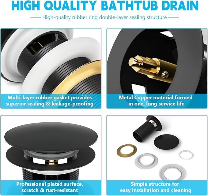 【Limited-time Promotion】 Pop Up Freestanding Tub Drain Plug, 2025 Upgraded freestanding tub Drain，Rust-Proof and Clog-Proof (for Most freestanding bathtubs) (Matte Black)