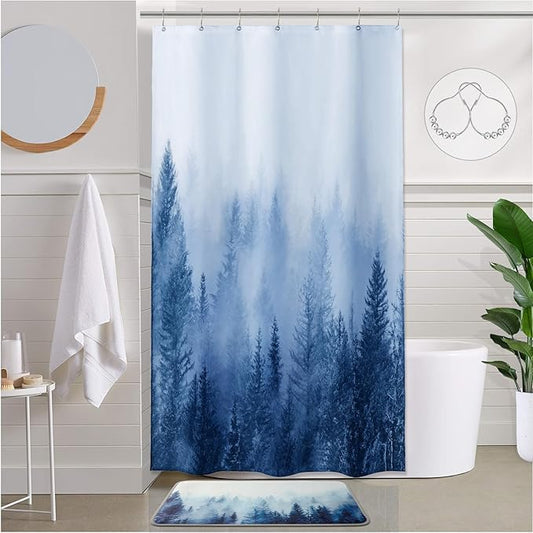 ORTIGIA 36x72 Misty Forest Stall Shower Curtain for Small Bathroom, Blue Half Size Narrow Nature Woodland Shower Curtain Set with Hooks, Waterproof Fabric Pine Tree Fog Magic Home Bath Curtain