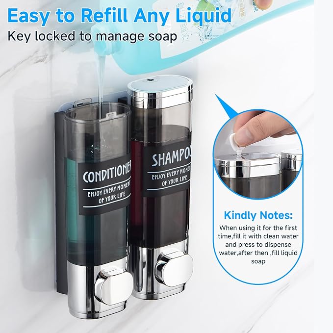 Shampoo and Conditioner Dispenser,GlintGath Shower Dispenser 2 Chamber No Drill Shampoo Dispenser for Shower Wall Mounted Shower Soap Dispenser for Bathroom Hotel,2 * 300ML,Chrome