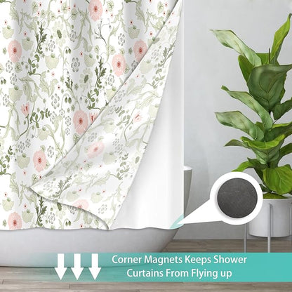 No Hook Shower Curtain Set with Snap in Fabric Liner for Bathroom,with See Through Top Window,Double Shower Curtain with Detachable Liner Replacement,Machine Washable,Green Floral,71"x 74"