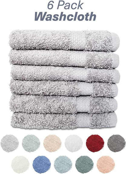 Hencely Premium 6-Pack Washcloths 12x12 Inches Soft Turkish Cotton High Absorbent and Quick Dry Dishtowel for Kitchen and Bath (Wash Cloth 6 Pack, Silver)
