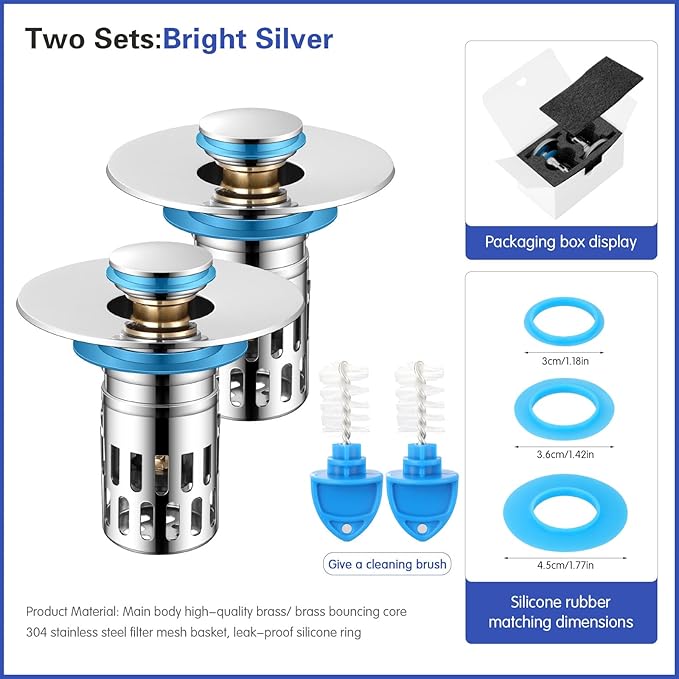 Universal Bathroom Sink Stopper, Pop Up Sink Drain Strainer Plug with Removable Stainless Steel Filter Basket Hair Catcher,Brass Body,Bathroom Bathtub Drain Stopper(2 PCS),Bright Silver